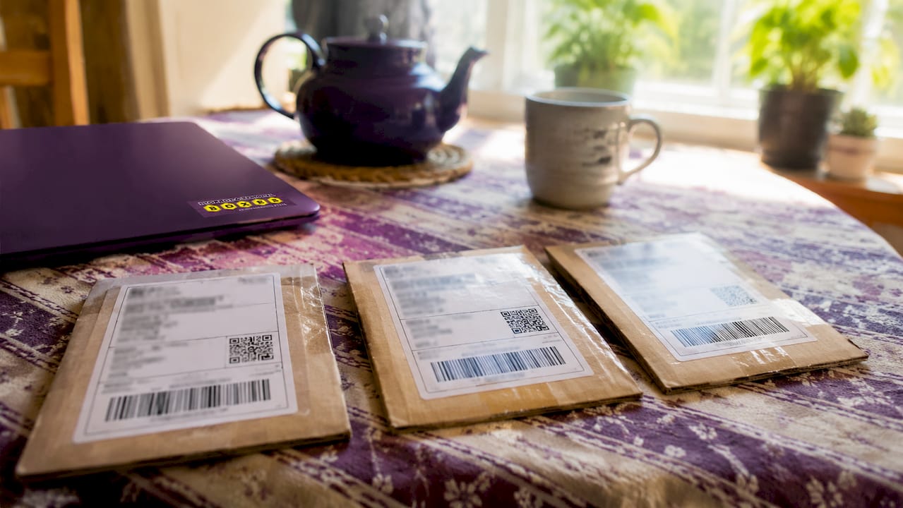 Various standard shipping labels on cardboard samples