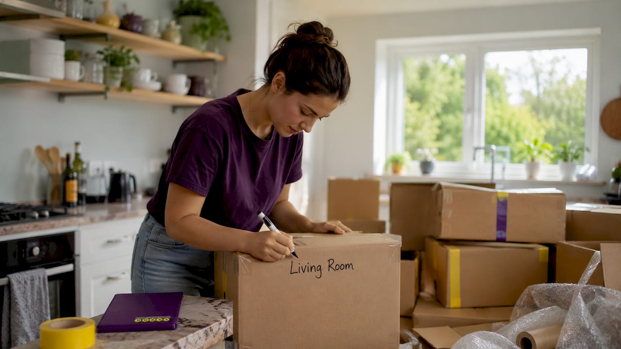 Hands labeling moving boxes for packing
