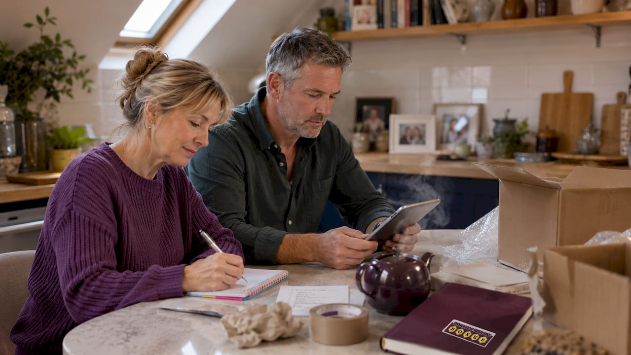 Couple planning UK house move at table