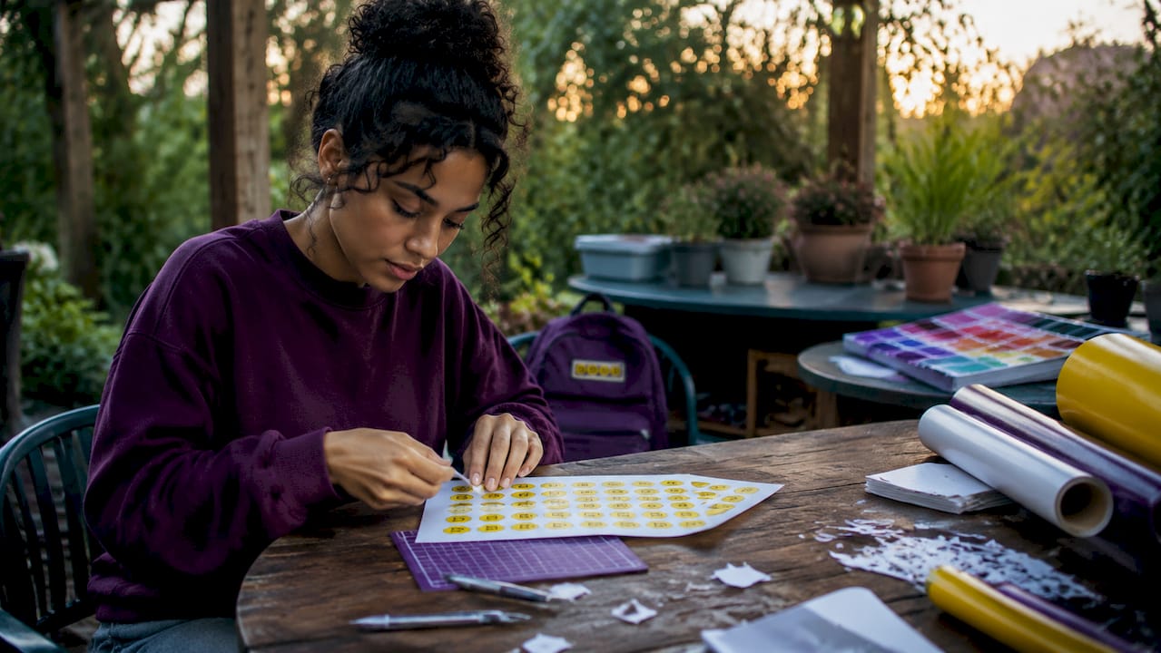 Designer applying decals on vinyl sticker sheet