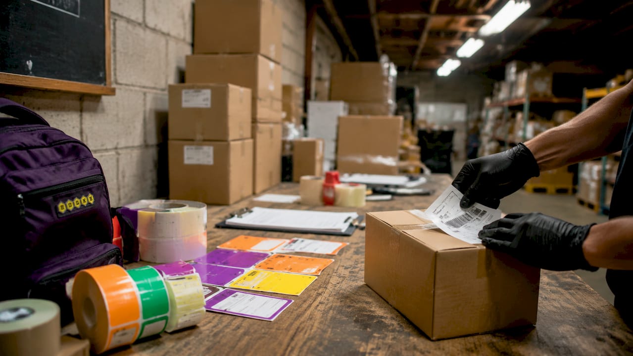 Hands applying shipping label onto package