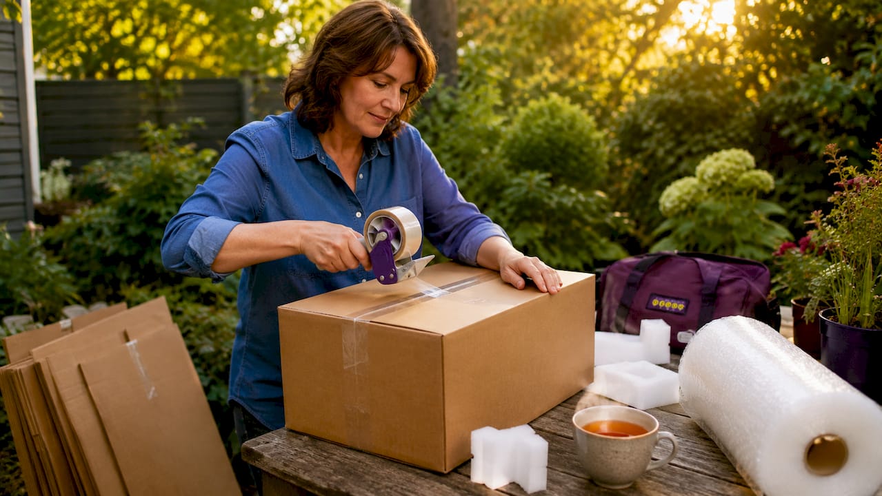 Hands taping moving box with packing materials