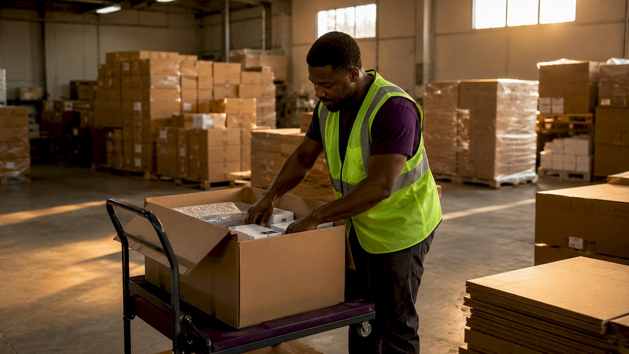 Hands packing products into cardboard box on pallet