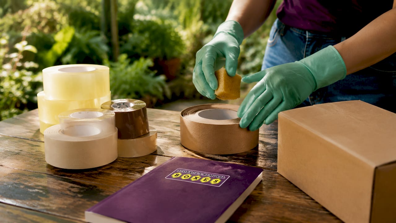 Various packing tape rolls and application close-up