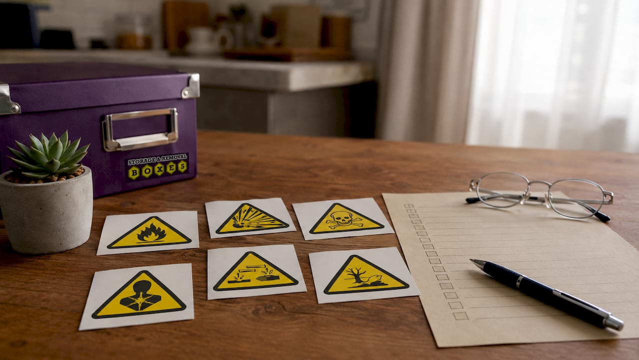Overhead view of GHS warning labels and checklist on desk