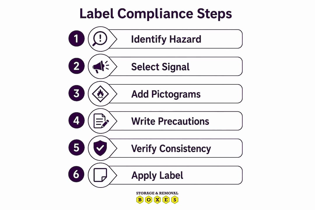 Infographic showing steps for warning label compliance
