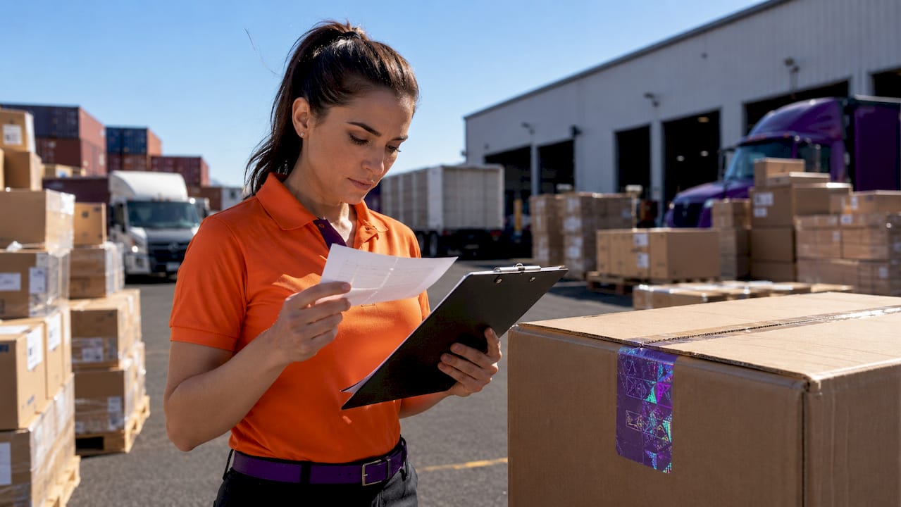 Woman reviewing tamper-evident security labels on packages