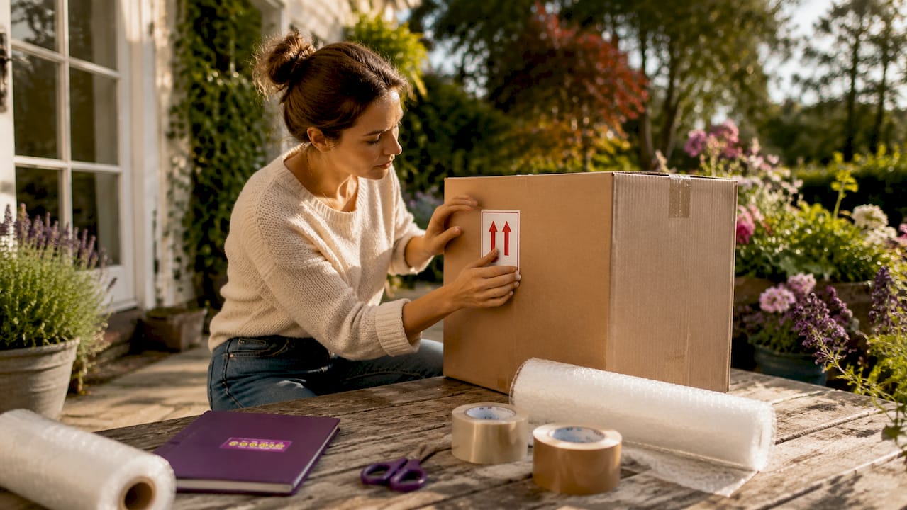 Woman labeling fragile moving box