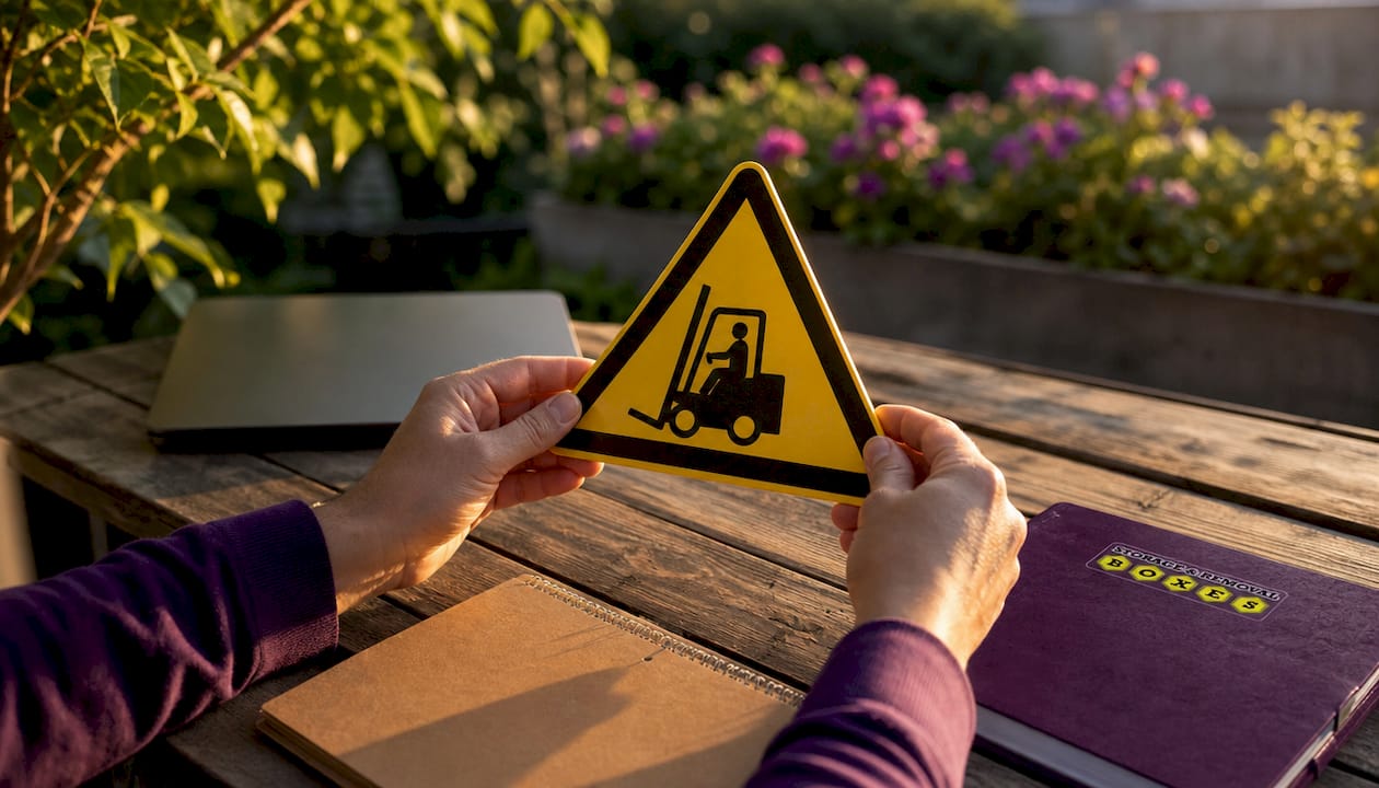 Hands holding UK hazard warning sign