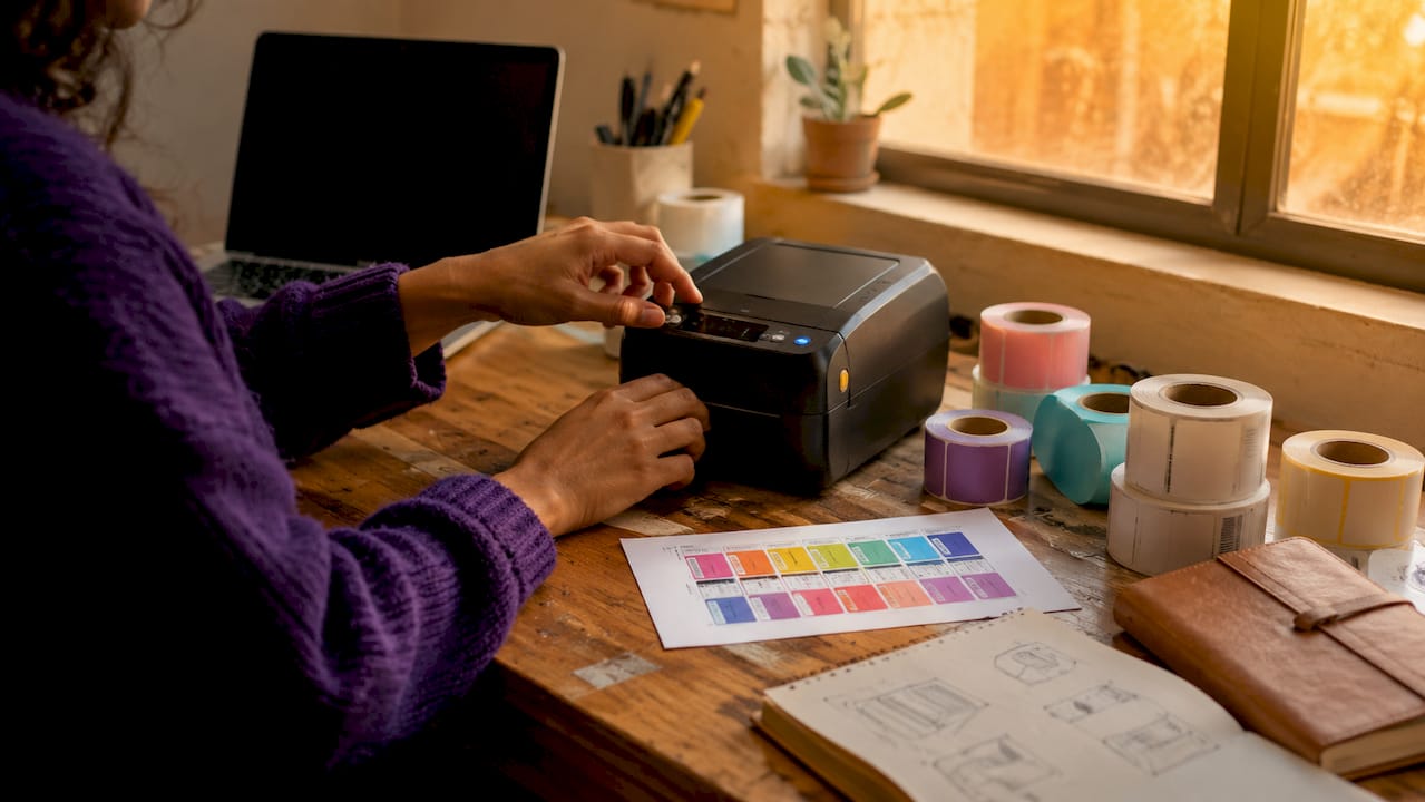 Overhead view of hands adjusting digital label printer