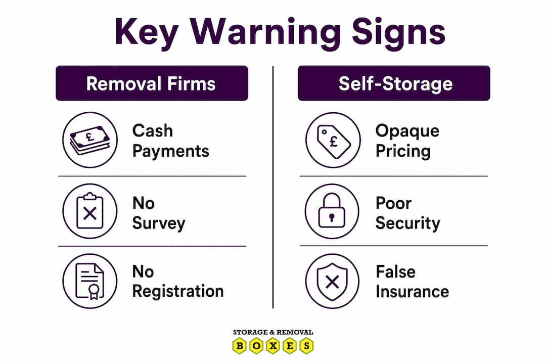 Infographic comparing removal firms and self-storage warning signs