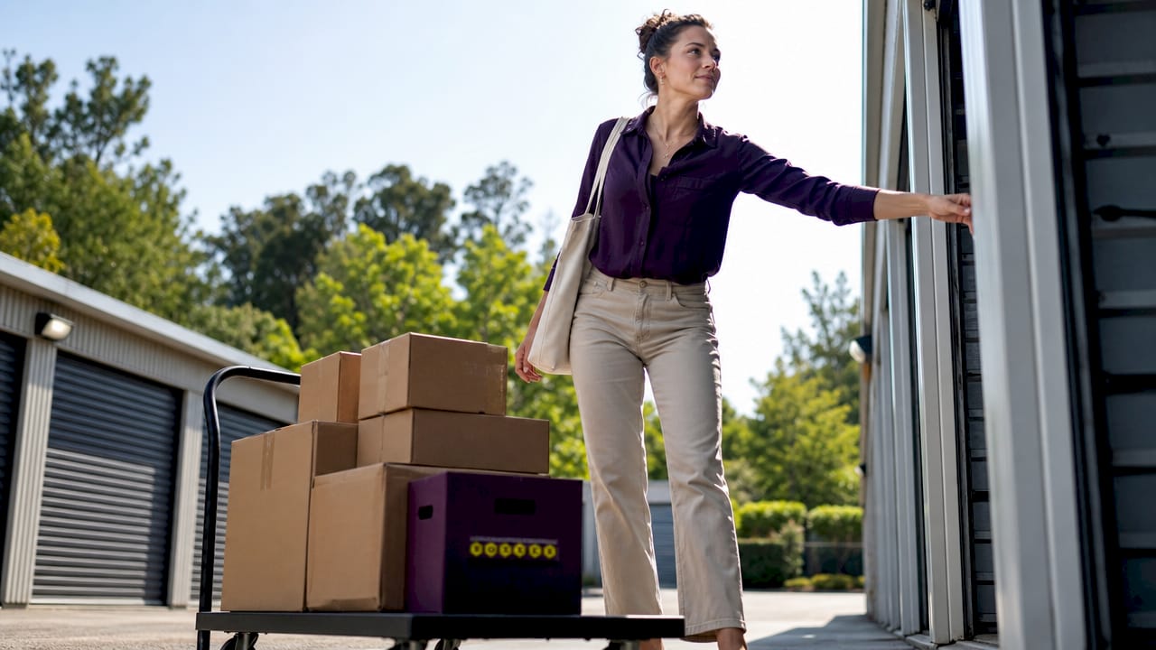 Business owner accessing self-storage unit hallway