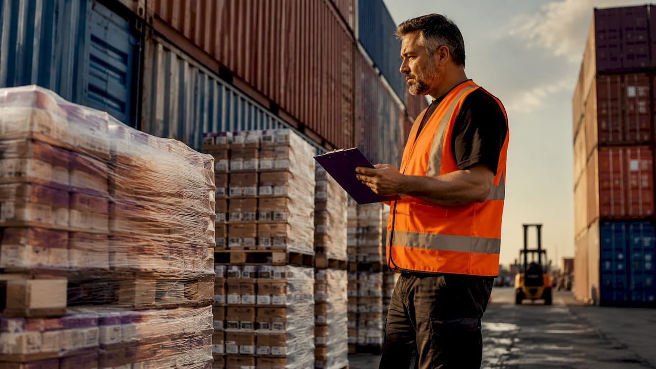 Manager inspecting goods in commercial warehouse