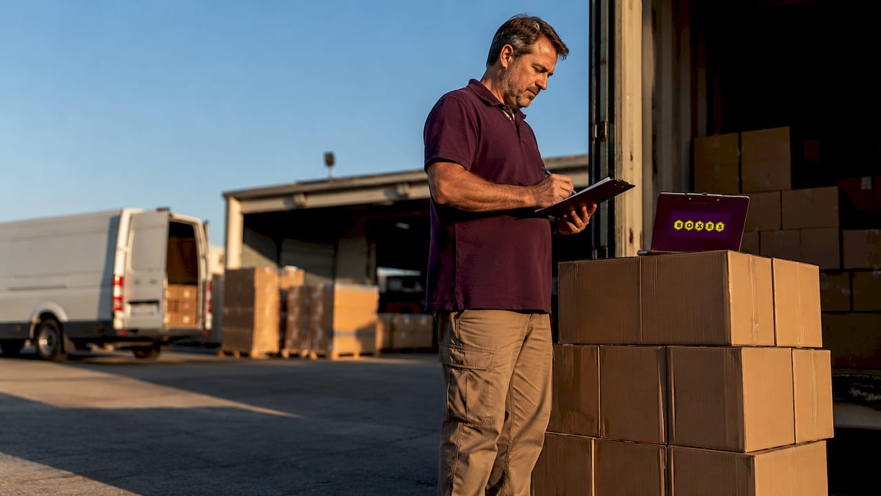 Man checking inventory in boxes warehouse