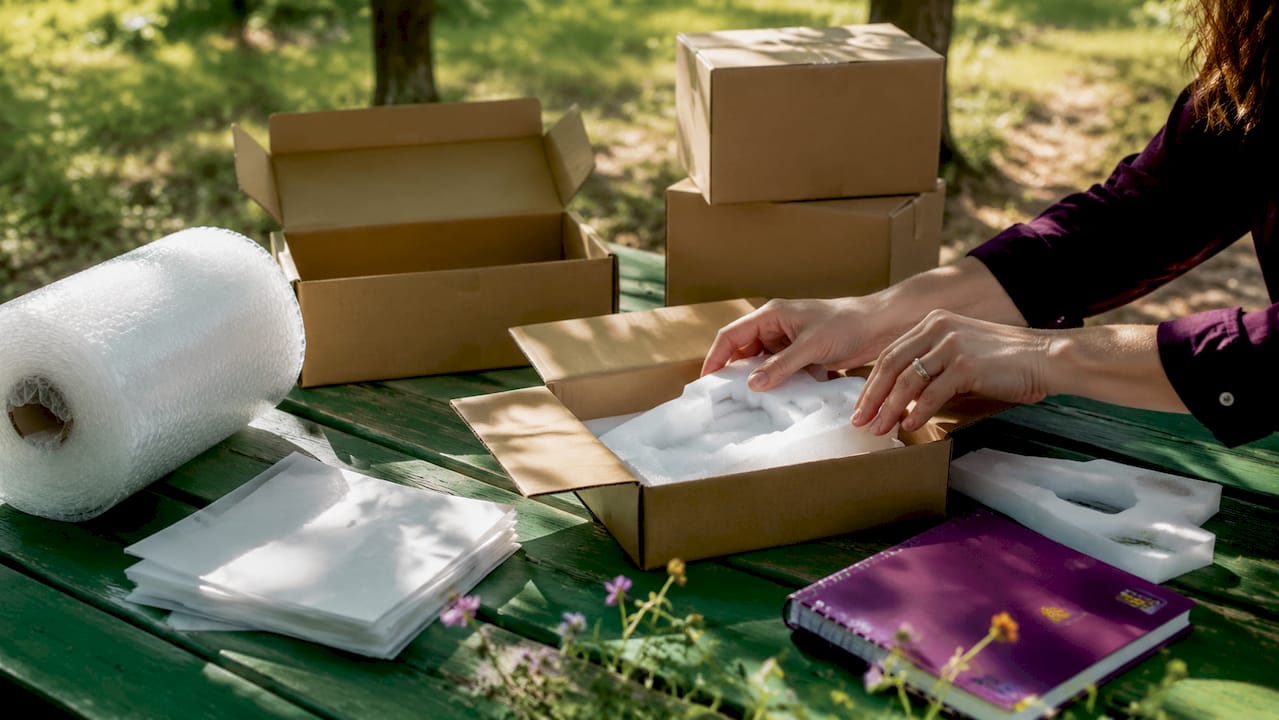Layout of packaging materials with hands adjusting foam