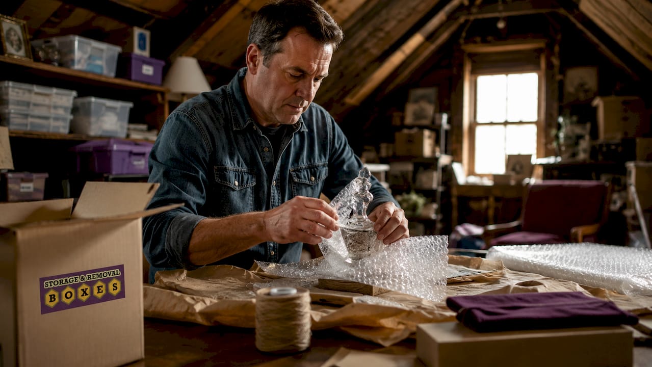 Man wrapping fragile vase with bubble wrap