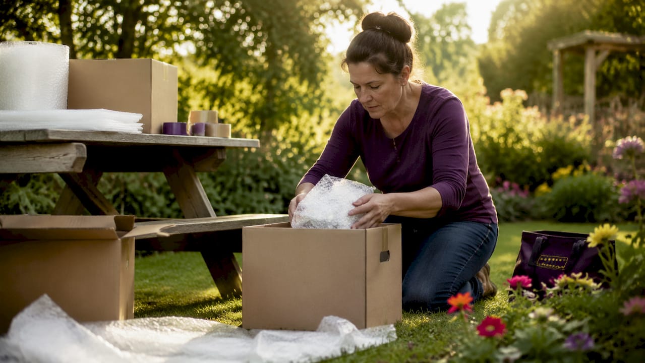 Woman packing fragile boxes for moving