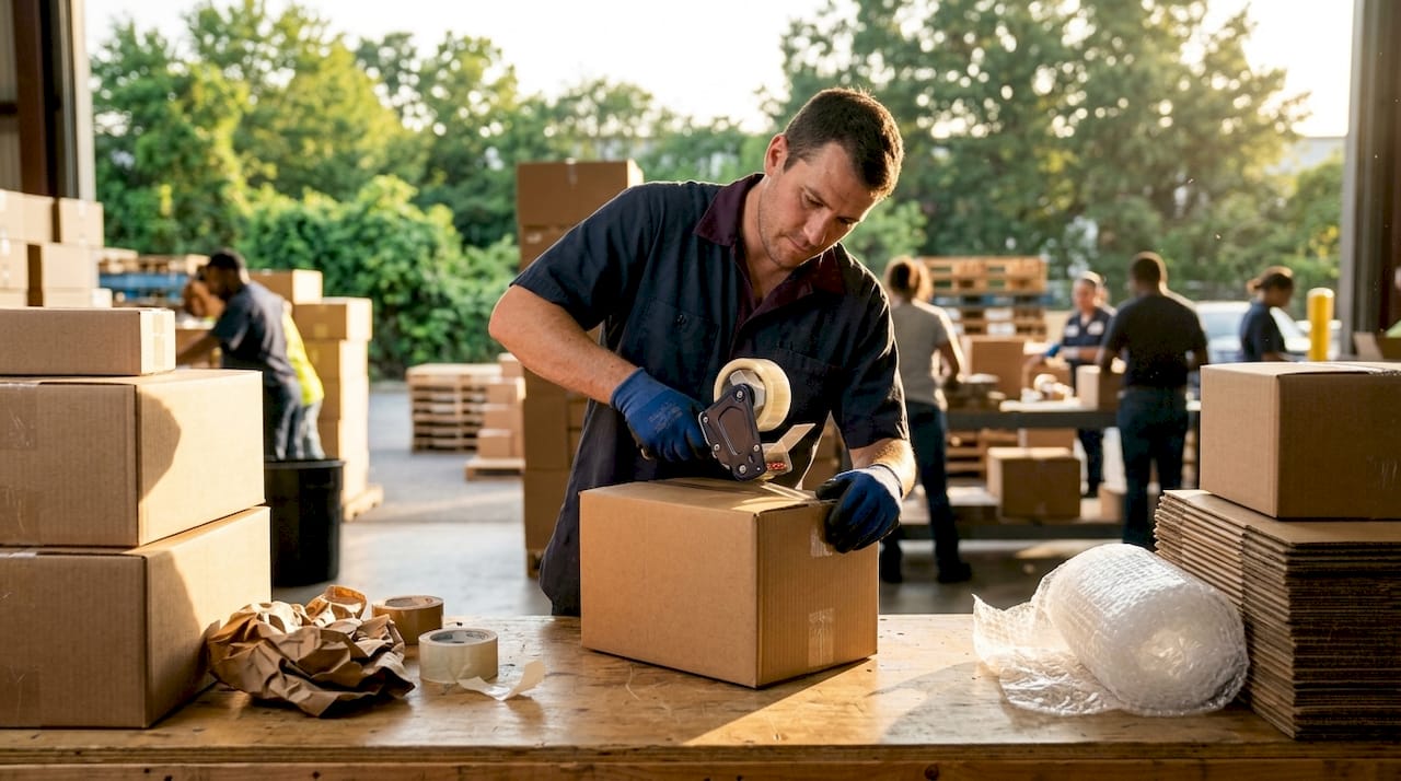 Worker assembling durable box for fragile item