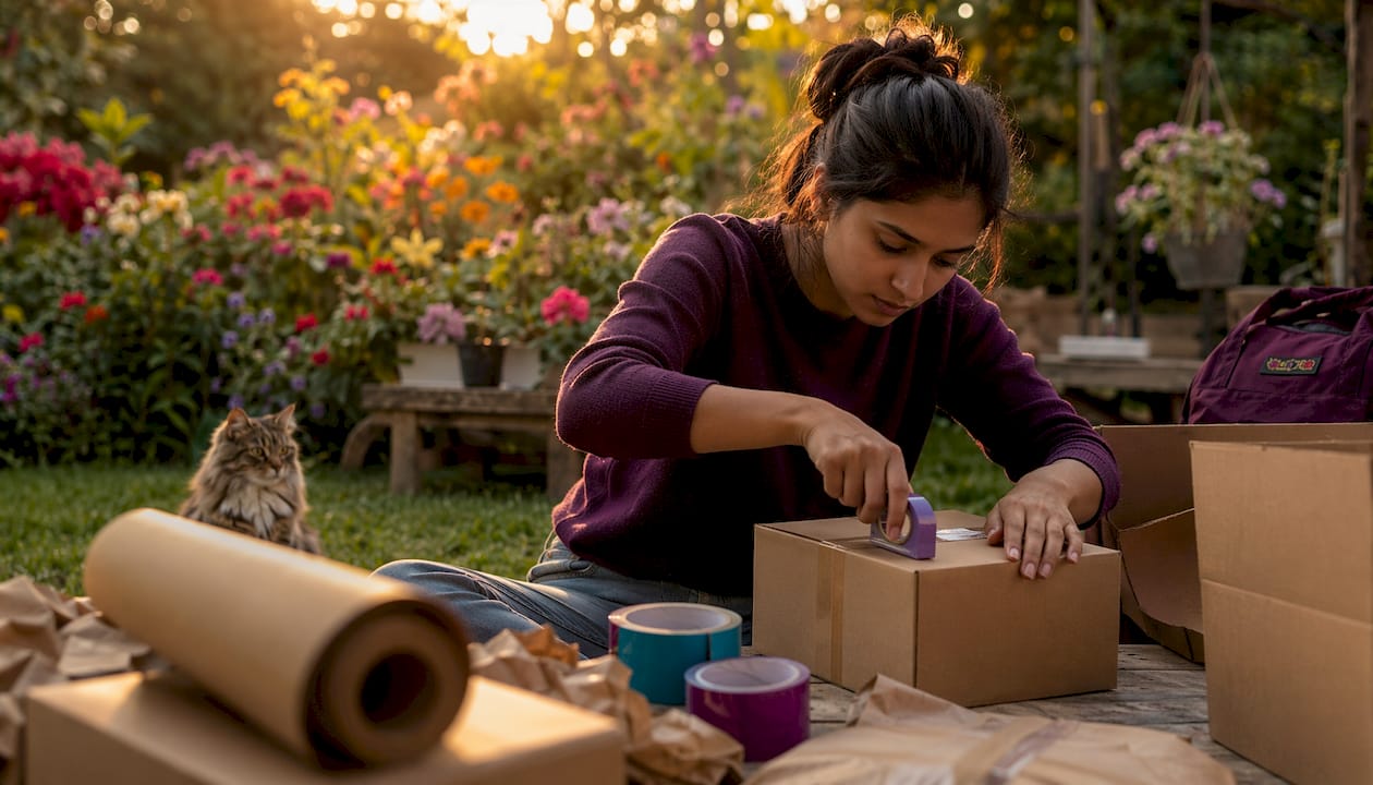 Person packing moving boxes systematically