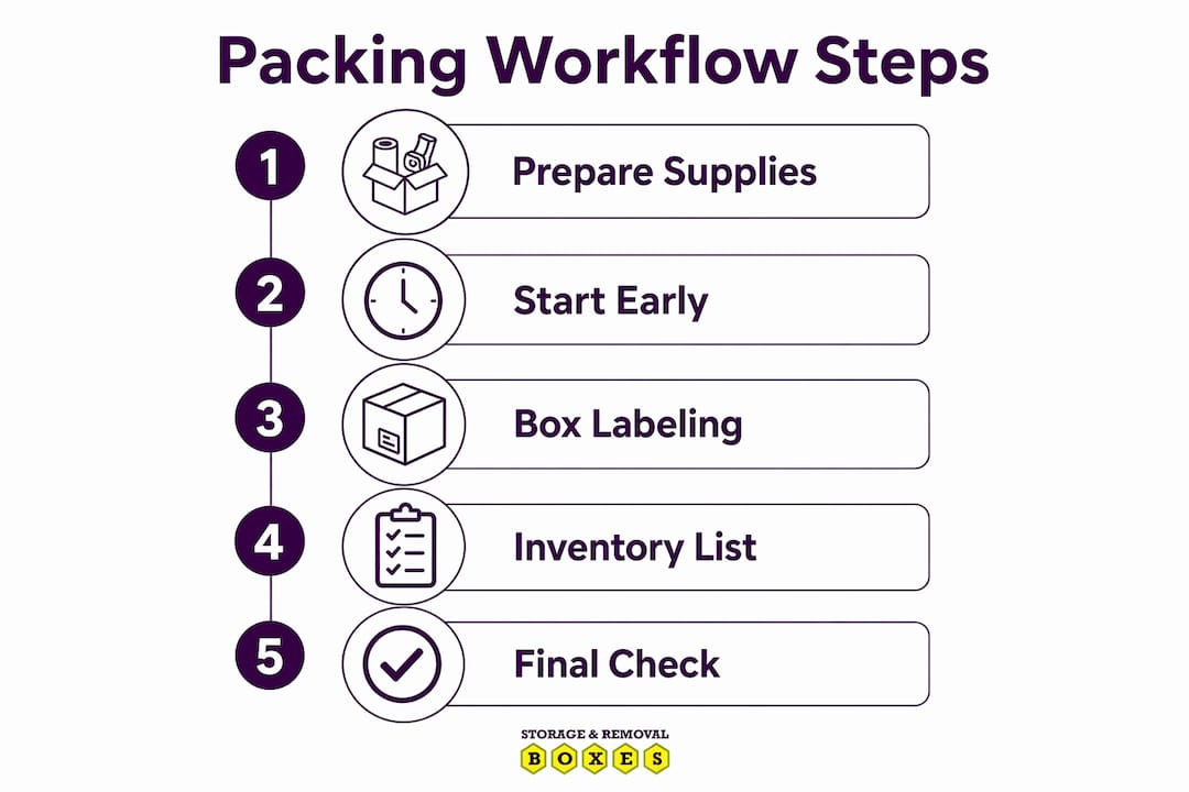 Infographic illustrating moving box packing steps