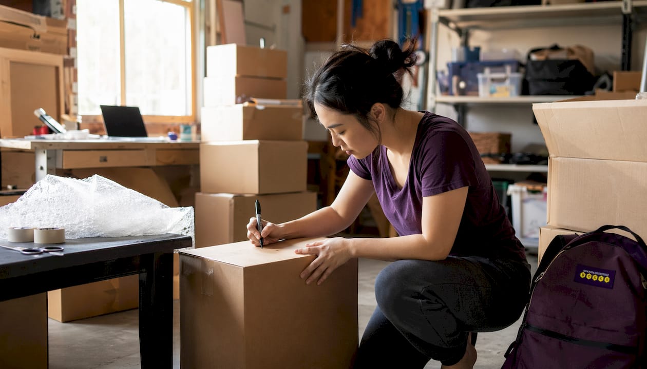 Woman labeling cardboard moving box at home