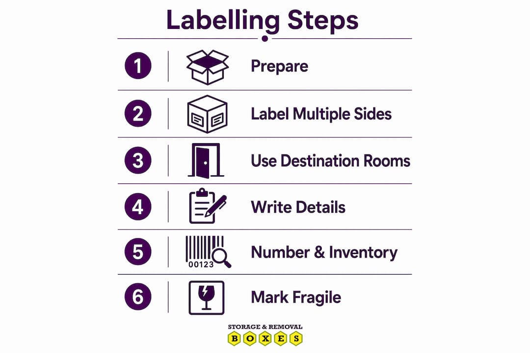 Infographic showing moving box labelling step-by-step guide