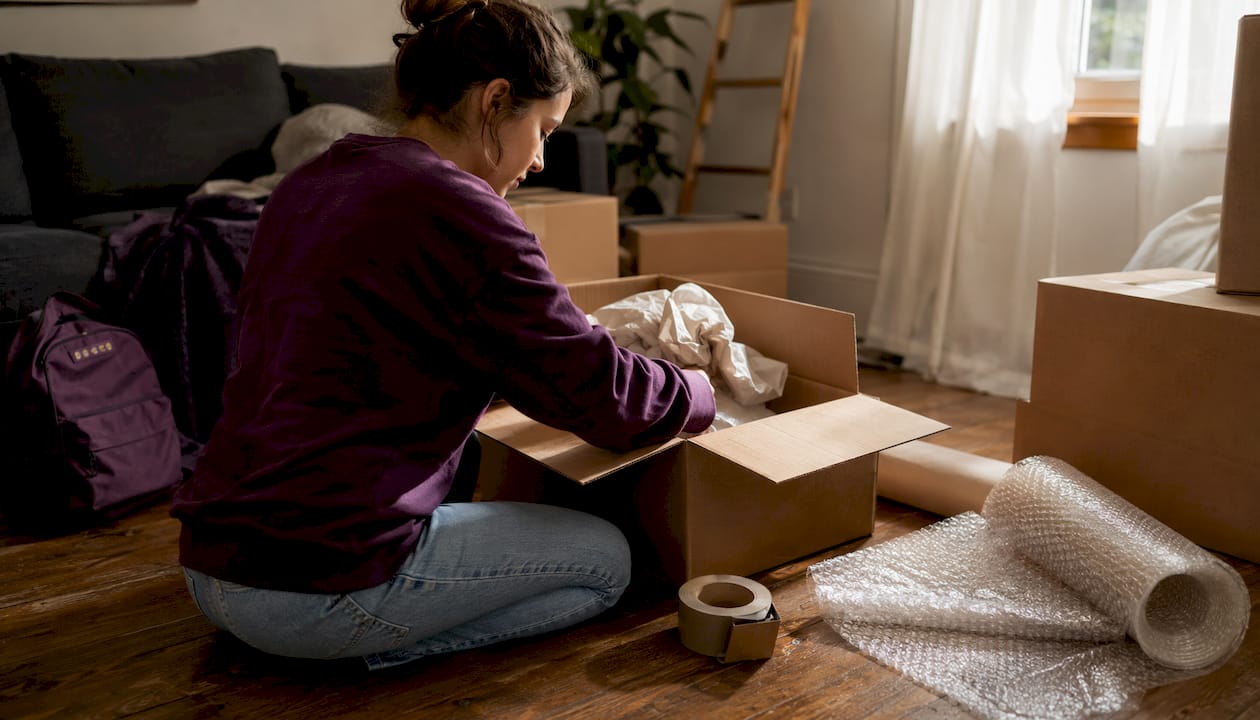Hands filling moving box with packing materials carefully
