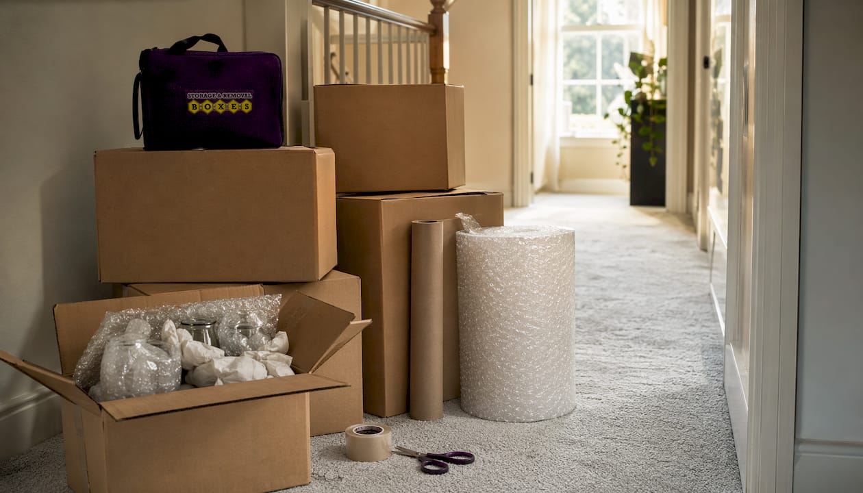 Overhead view of stacked right-sized moving boxes