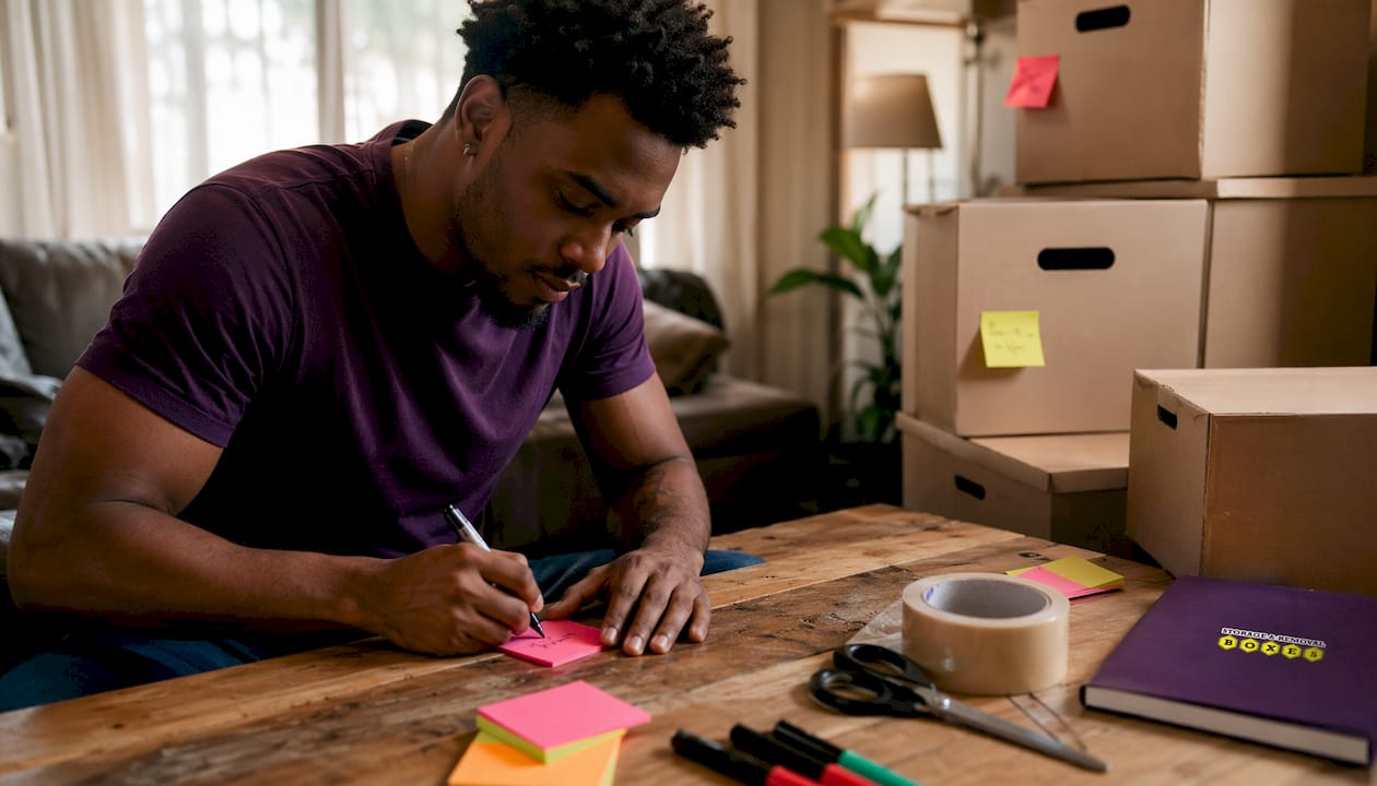 Man labelling moving boxes at desk