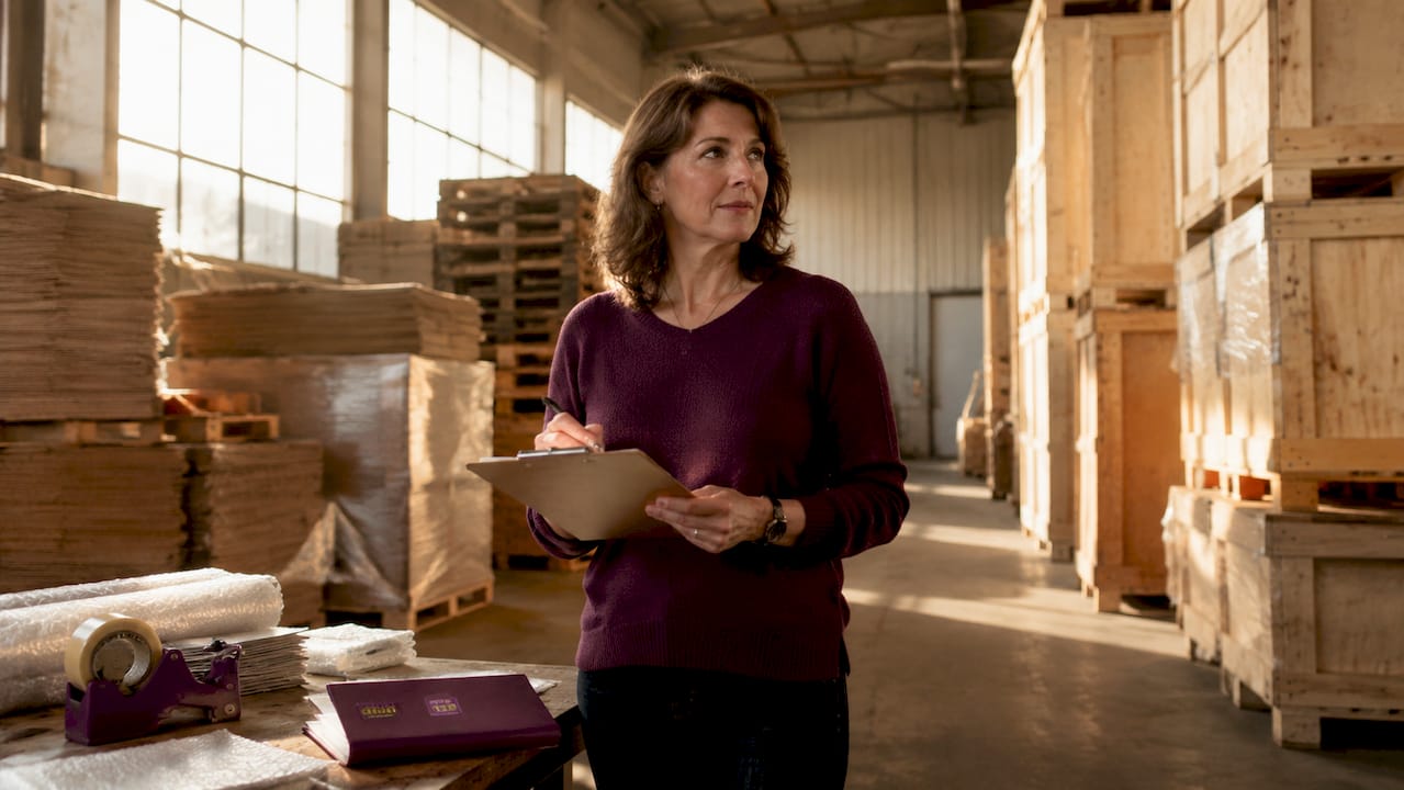 Warehouse manager assessing packaging inventory