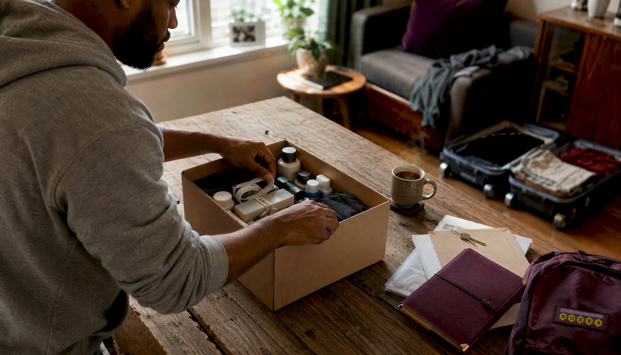 Hands packing essentials box in kitchen