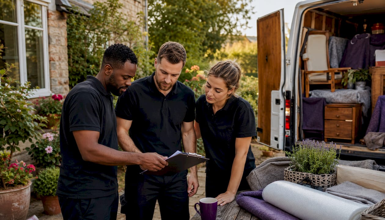 Removal team coordinating outside suburban home