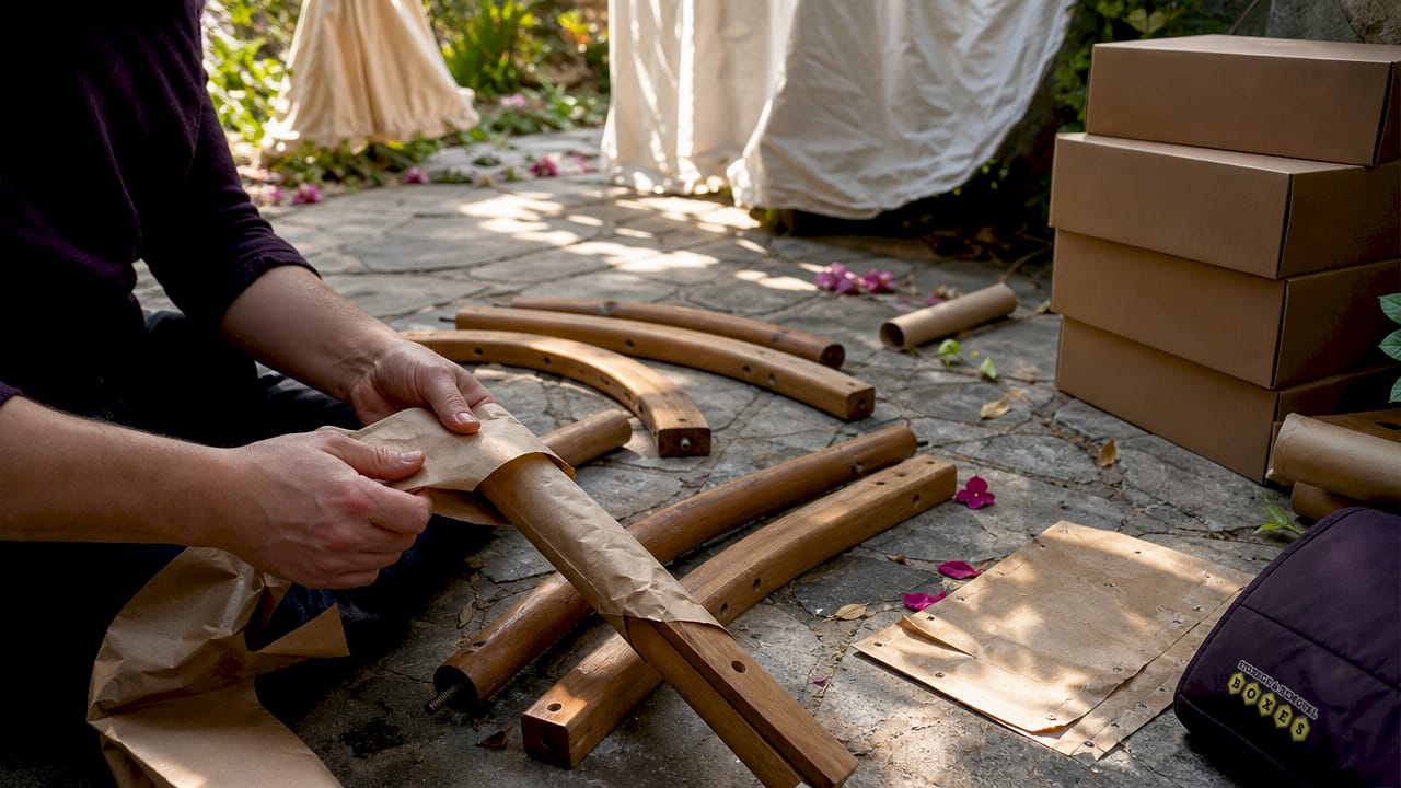 Hands wrapping and labeling wooden chair parts