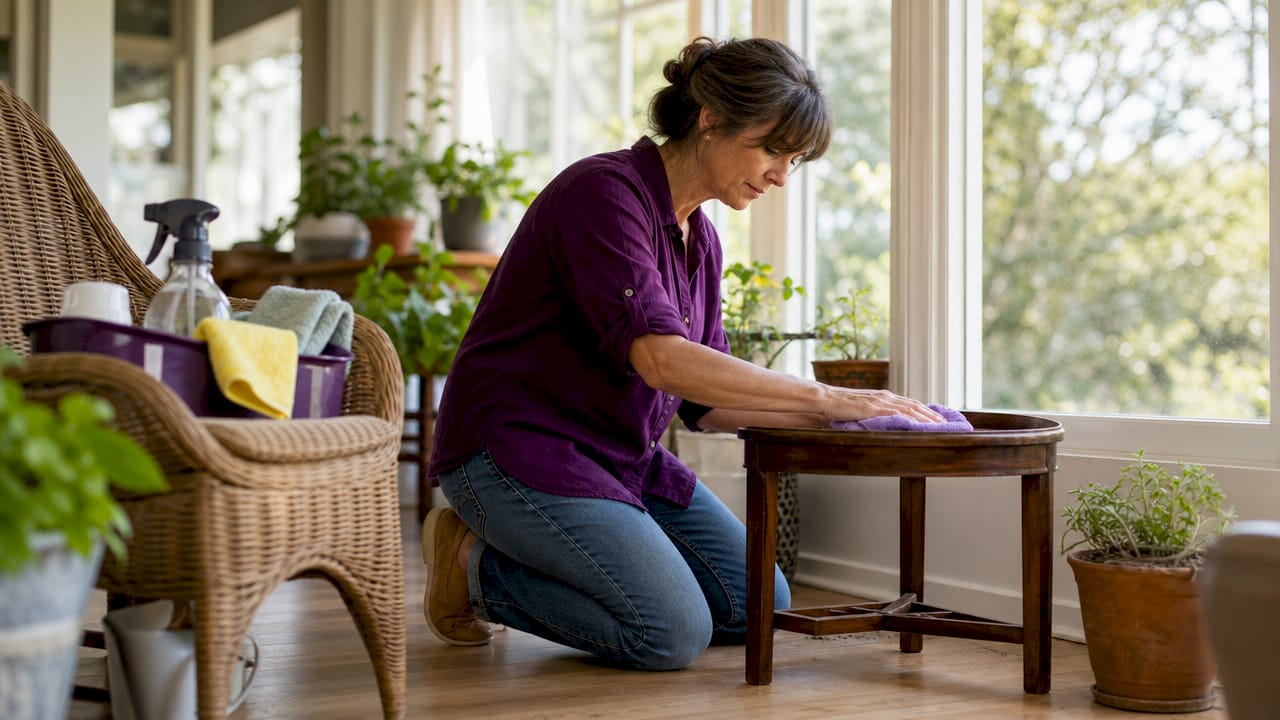Woman cleaning wooden sideboard gently