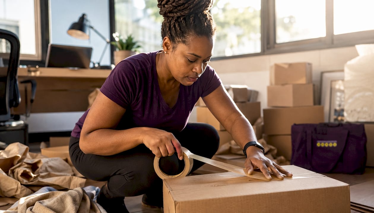 Woman packing sustainable boxes in home