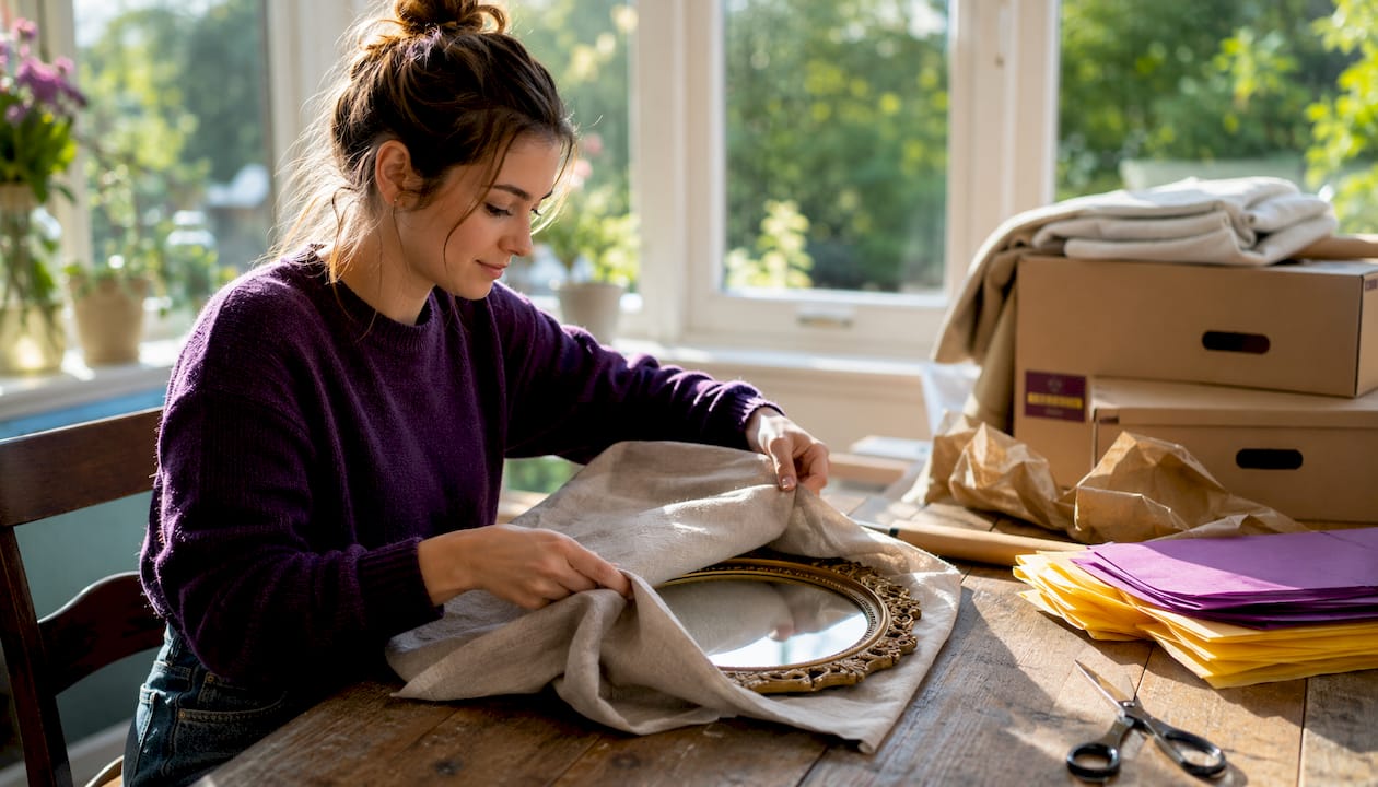 Hands wrapping fragile mirror in linen cloth