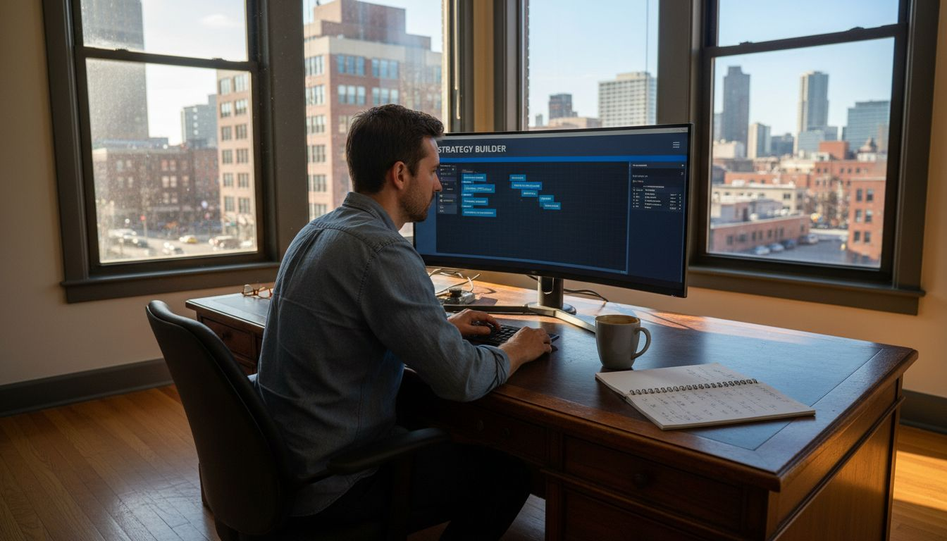 Trader configuring strategy on no-code platform in office