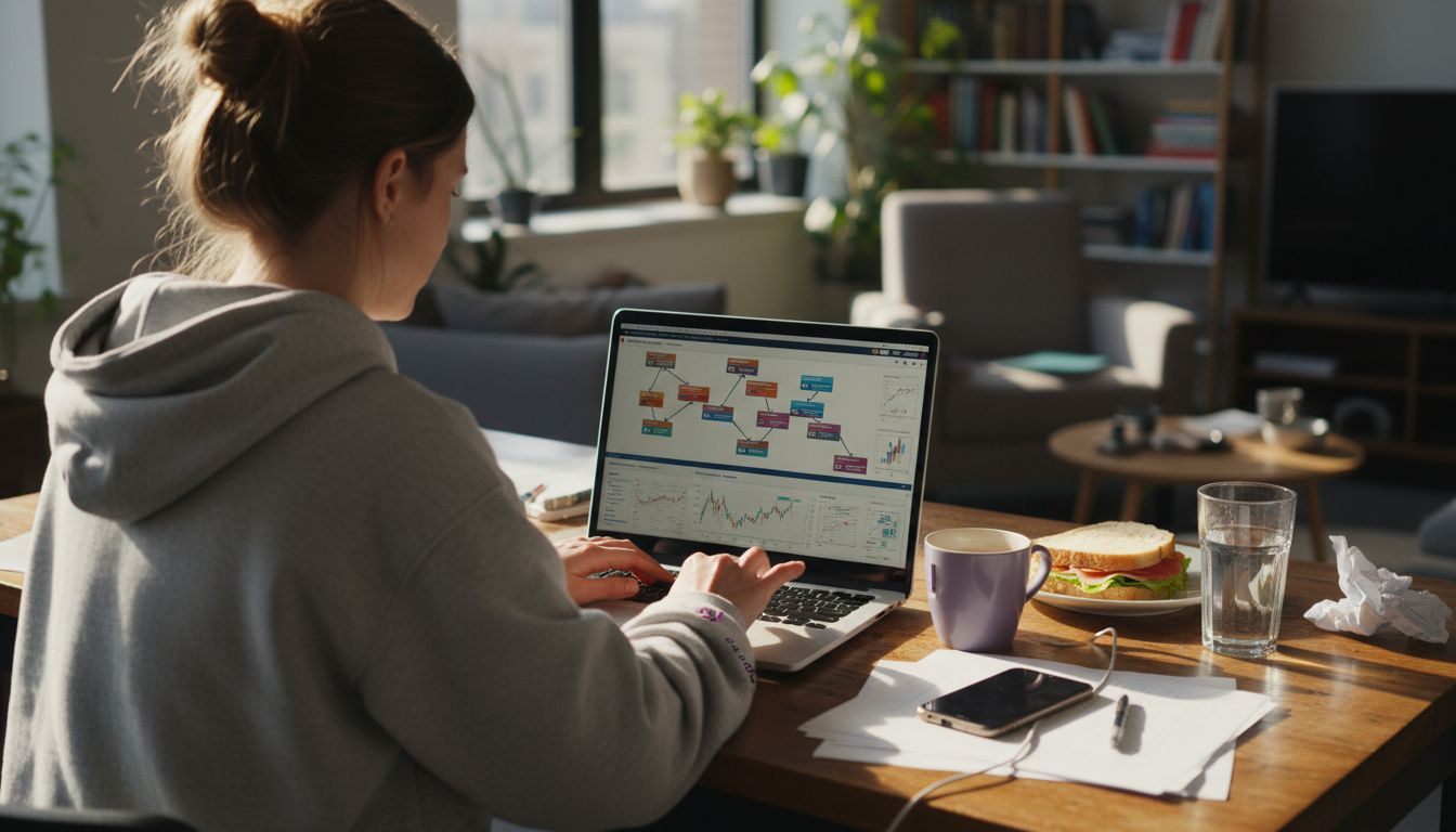 Woman building complex trading strategy with block interface