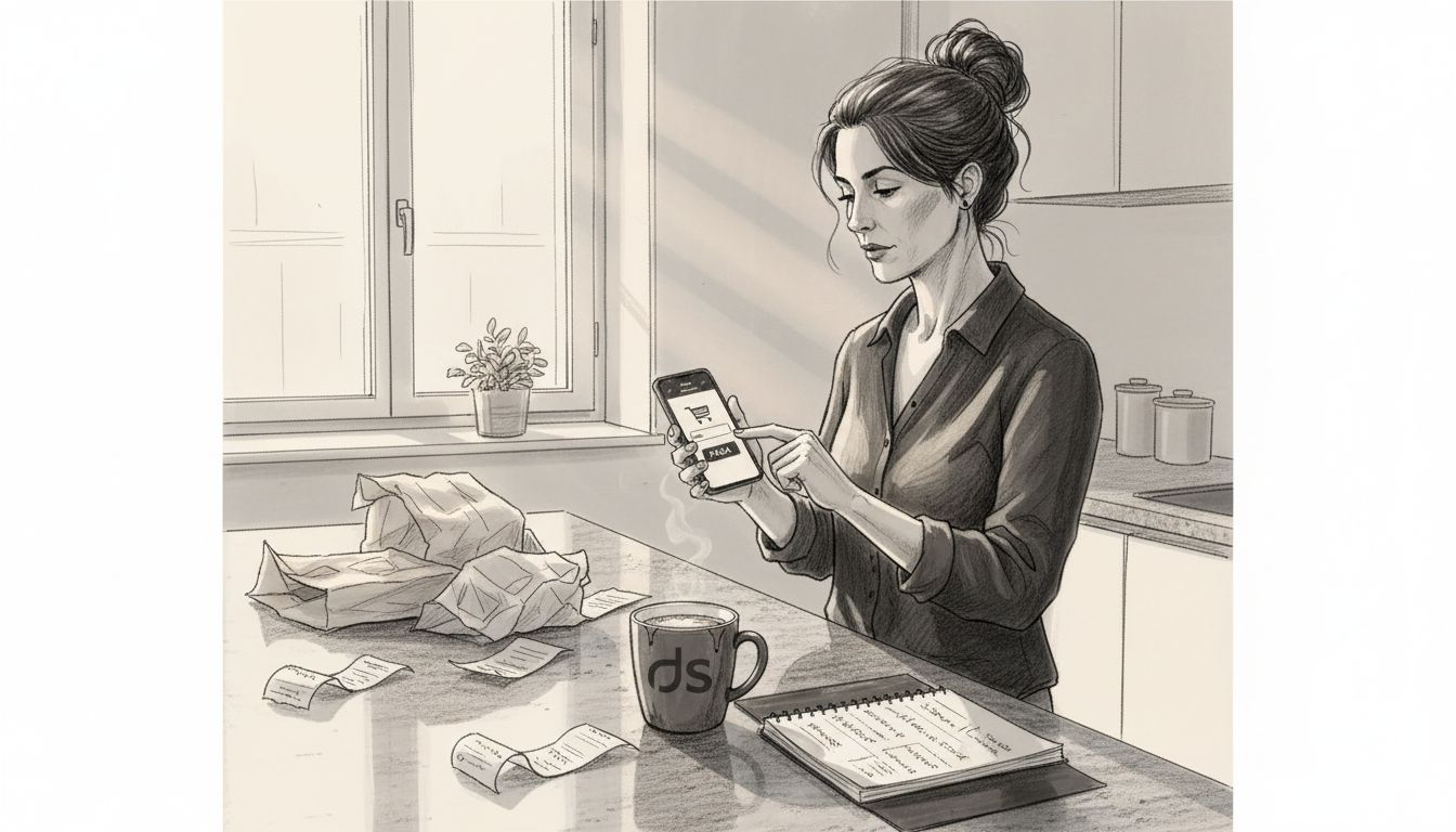 Una donna fa acquisti online direttamente dalla cucina usando il suo smartphone.