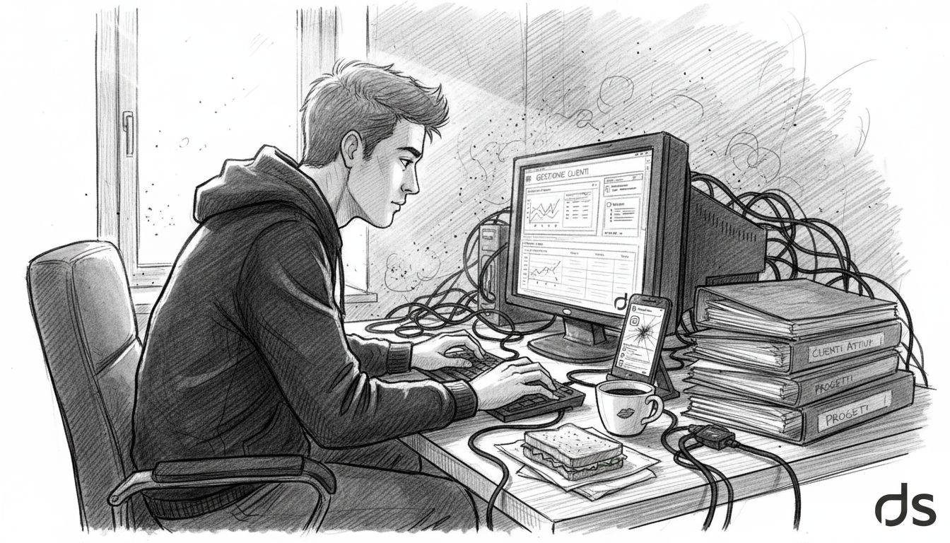 Un piccolo imprenditore che aggiorna il proprio CRM direttamente dal suo ufficio, organizzando i dati dei clienti per gestire al meglio l’attività.
