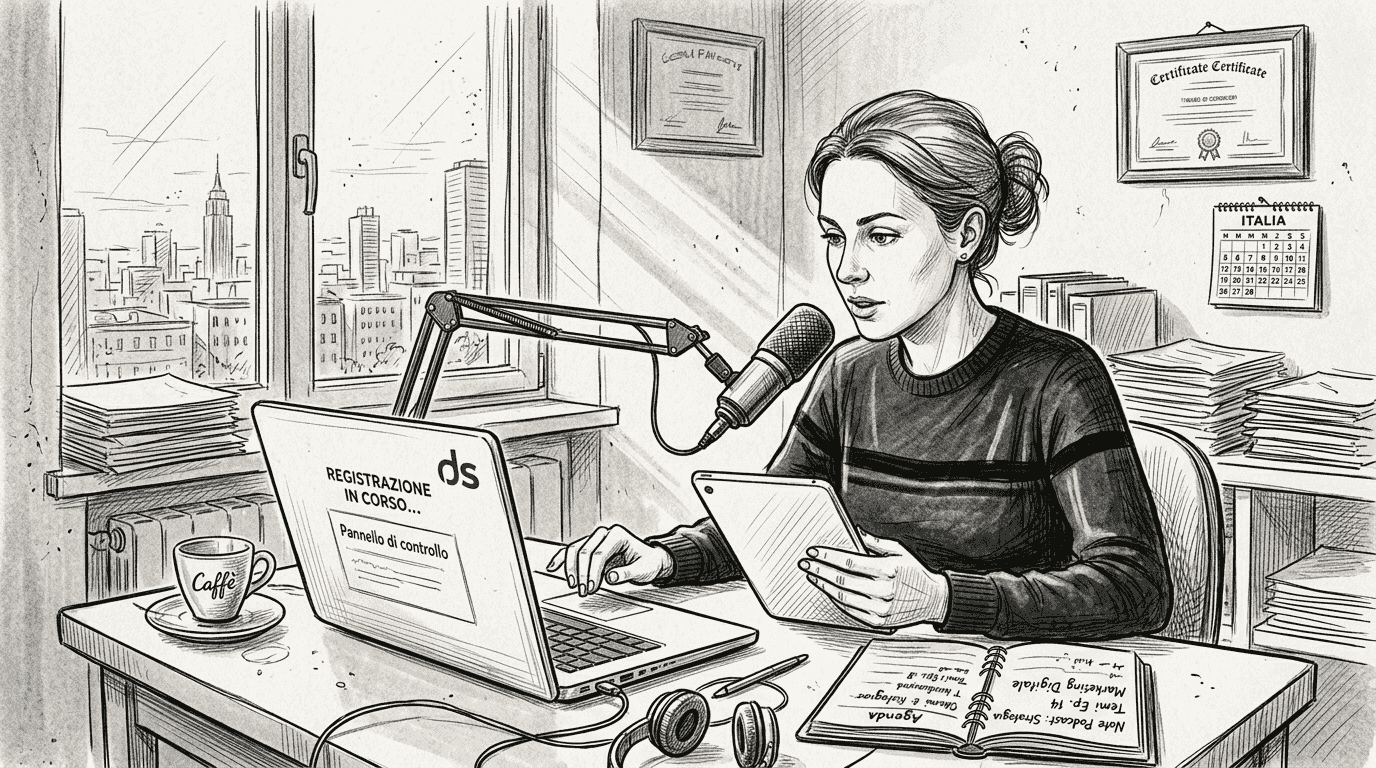 Un giovane imprenditore sta registrando un episodio del suo podcast nel suo piccolo ufficio, circondato da idee e progetti.