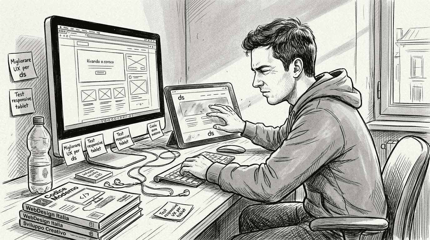 Web designer che verifica il funzionamento del sito sia su desktop che su tablet