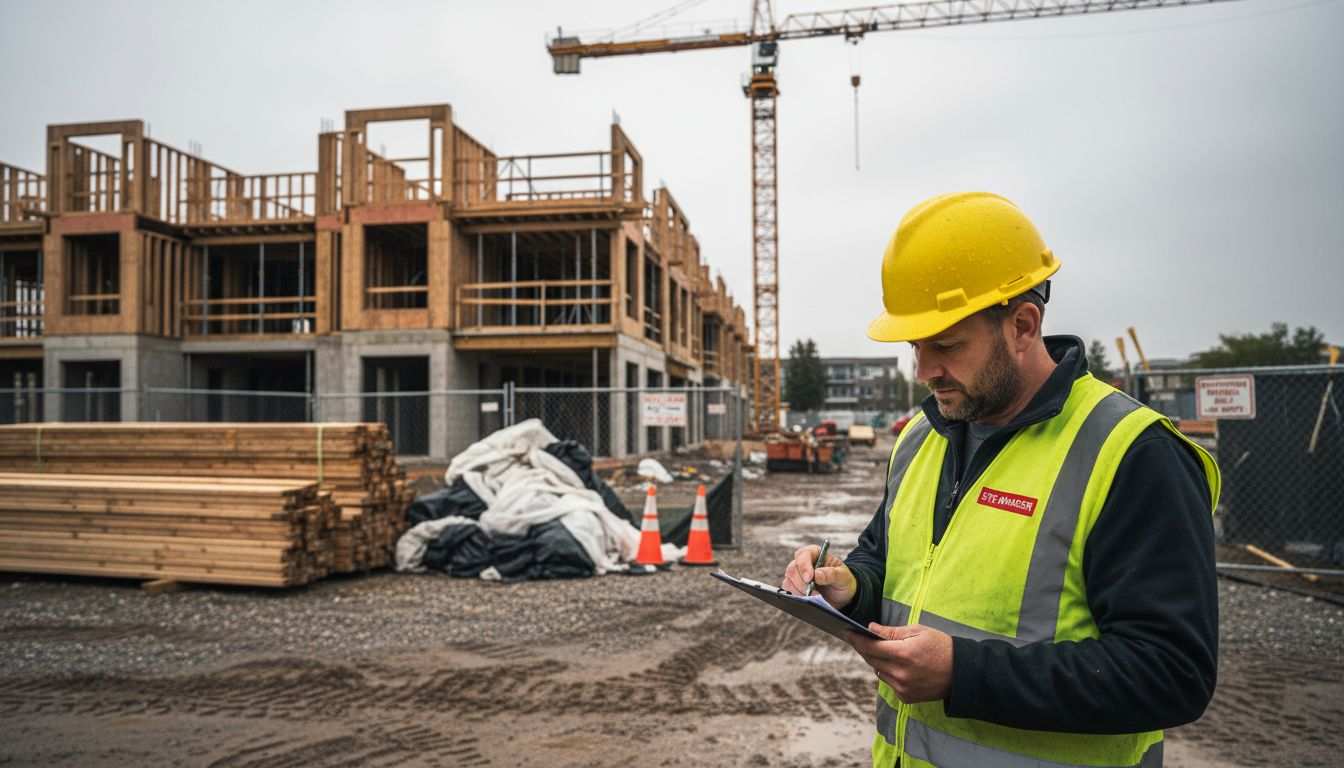 Foreman checks clipboard at Dublin housing site