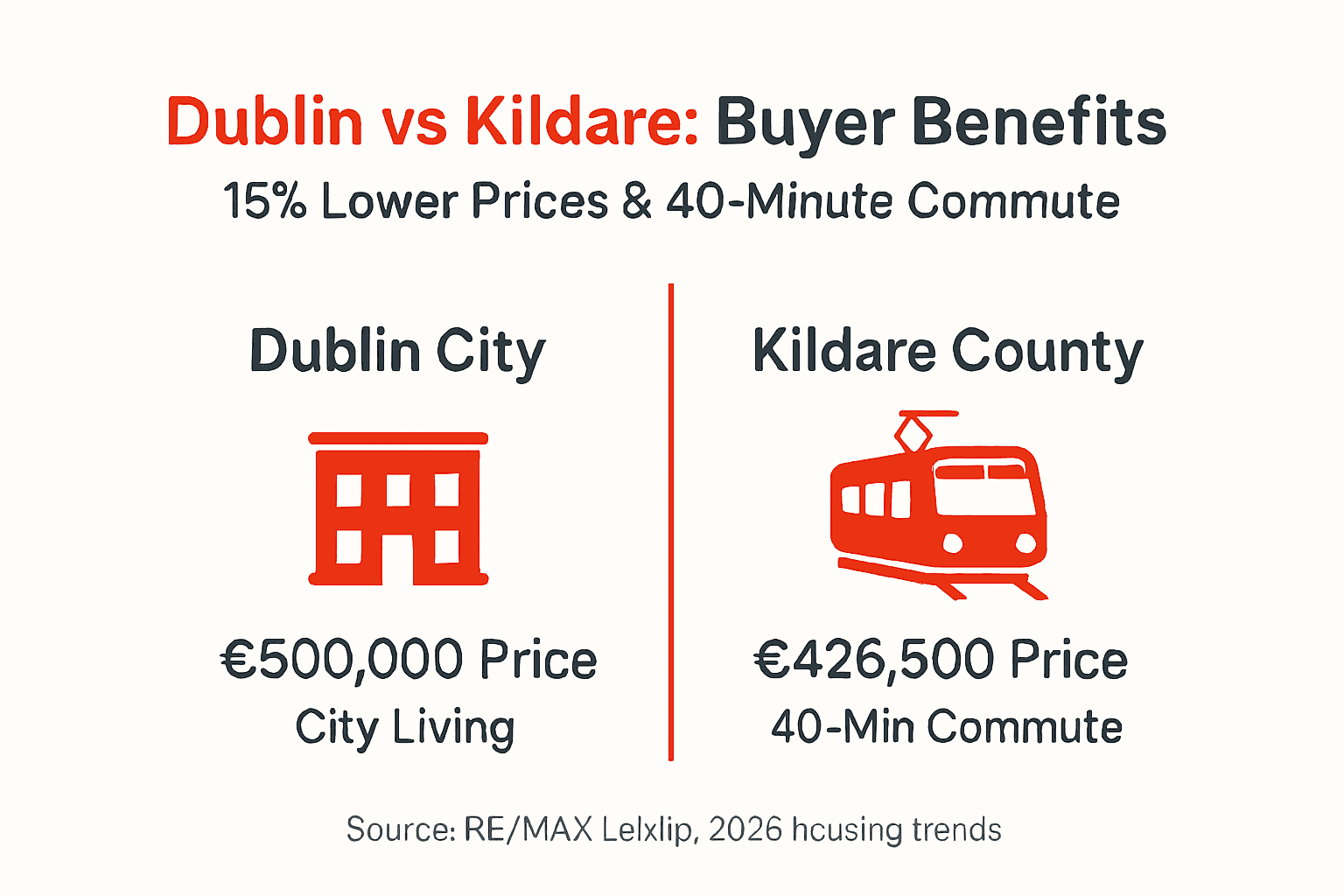 Infographic comparing Dublin and Kildare prices and commute