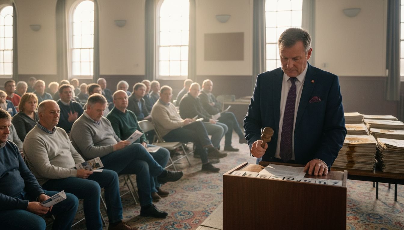 Property auctioneer and attendees in community hall