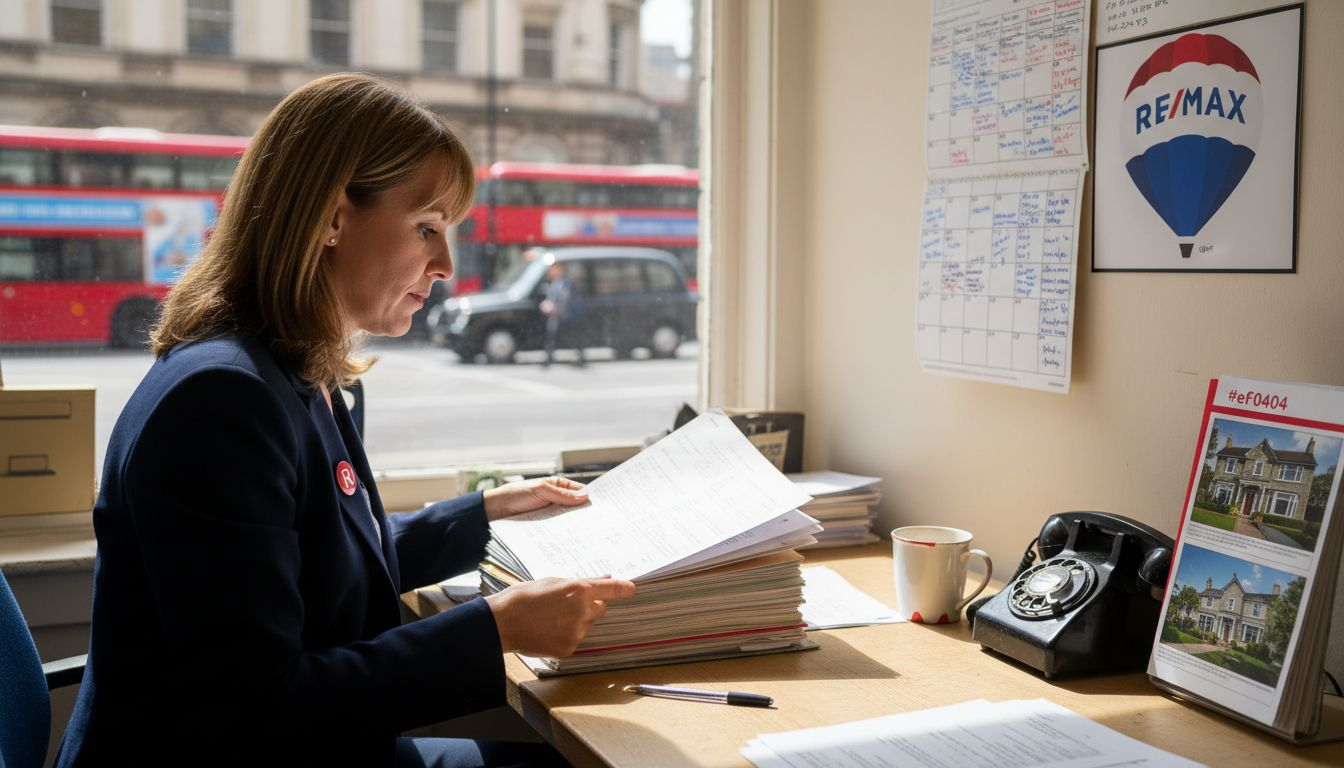 Estate agent reviewing property documents at desk
