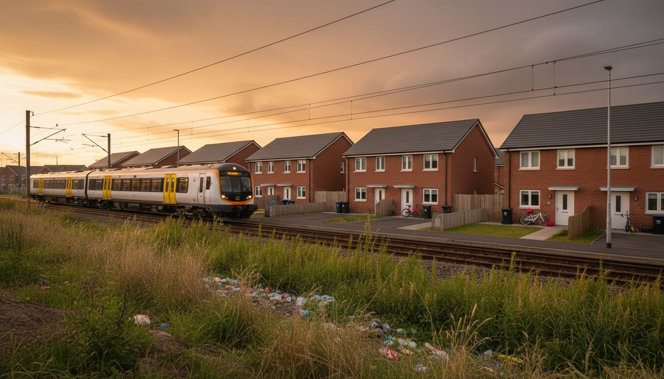 Commuter train by new Kildare housing at sunset
