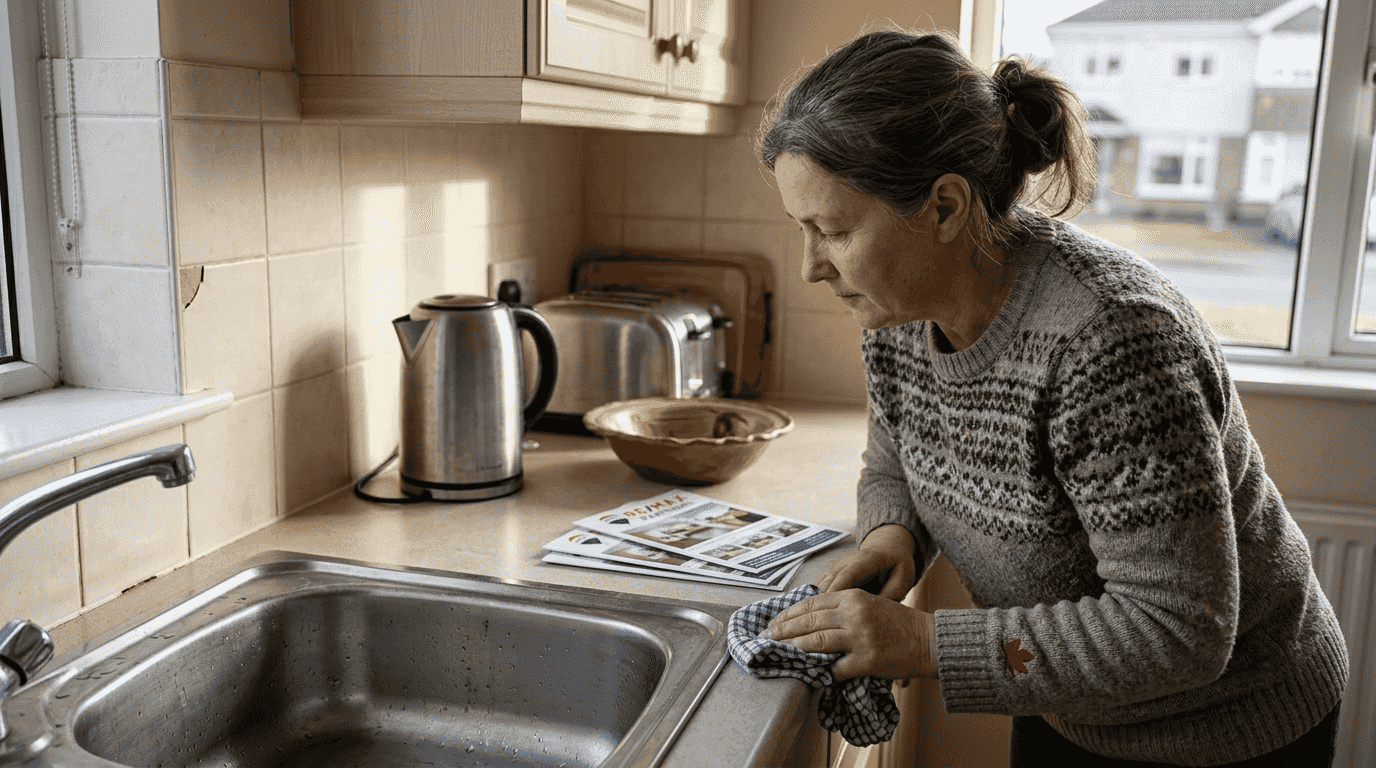 Decluttered kitchen with seller tidying countertop
