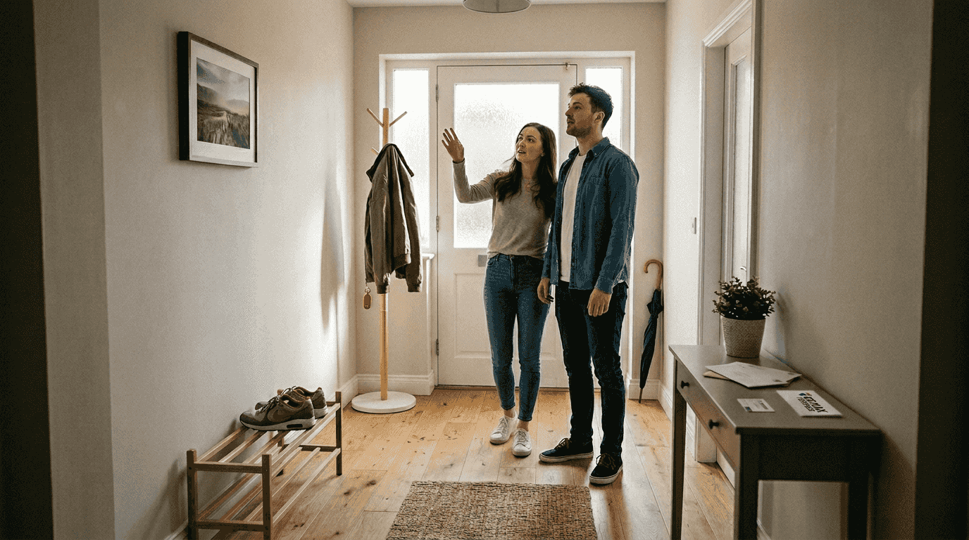Couple entering decluttered suburban home hallway