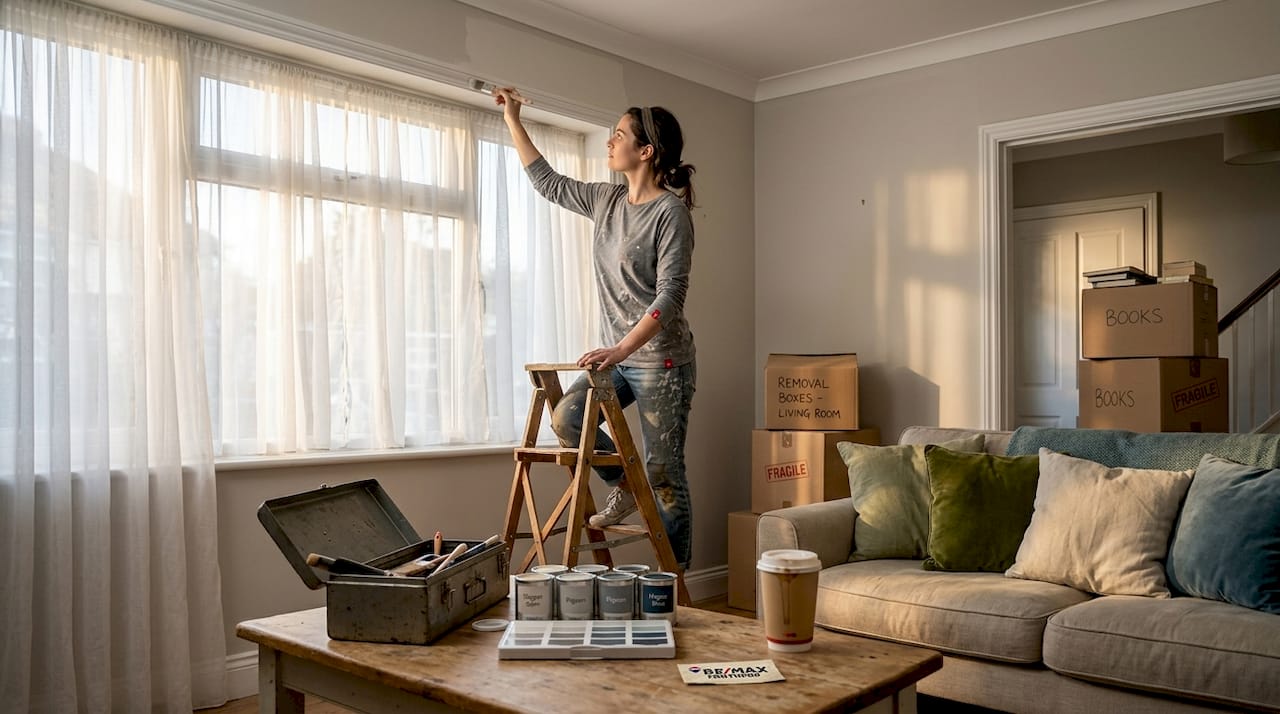 Woman touching up paint in lived-in living room